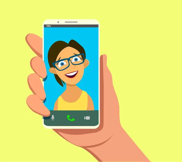 Jovem Linda Menina Sorridente Smartphone Exibição Mão Humana Segurando Celular —  Vetores de Stock