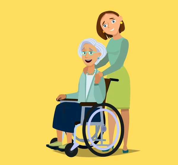Idős nő ül egy tolószéken a lányával. A nők átölelik az idősebb nőket. Szeretettel. a családi kapcsolat boldogsága.Az idősek, betegek vagy fogyatékkal élők gondozásának fogalma. — Stock Vector