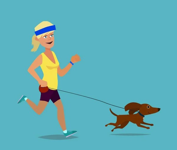 Girl with dog running. Sports and fitness jogging. illustration