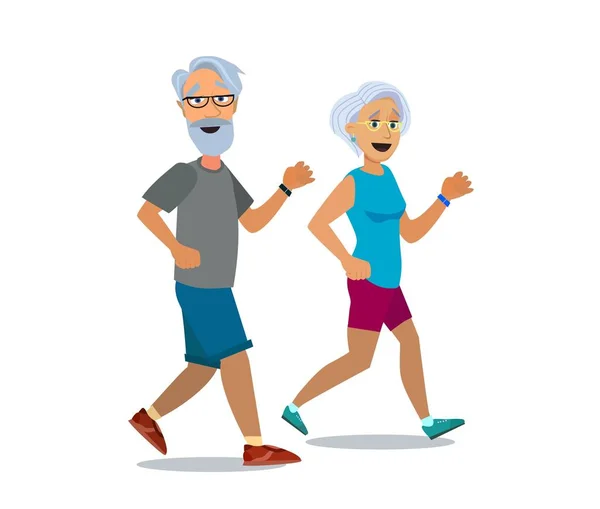 シニア年齢カップル実行。高齢者の男性と女性のジョギングにクールなベクトル フラットな文字デザイン. — ストックベクタ