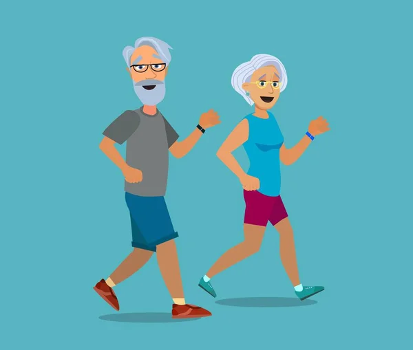 シニア年齢カップル実行。高齢者の男性と女性のジョギングにクールなベクトル フラットな文字デザイン. — ストックベクタ