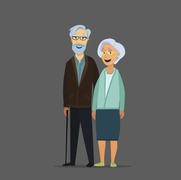 Anciano hombre y mujer mayores en gafas de pie o caminando juntos brazo en brazo. Pareja de pelo gris envejecido . — Vector de stock