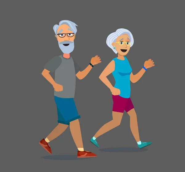 Pasangan usia lanjut berjalan. Desain karakter vektor datar keren pada pria dan wanita tua yang sedang joging . - Stok Vektor