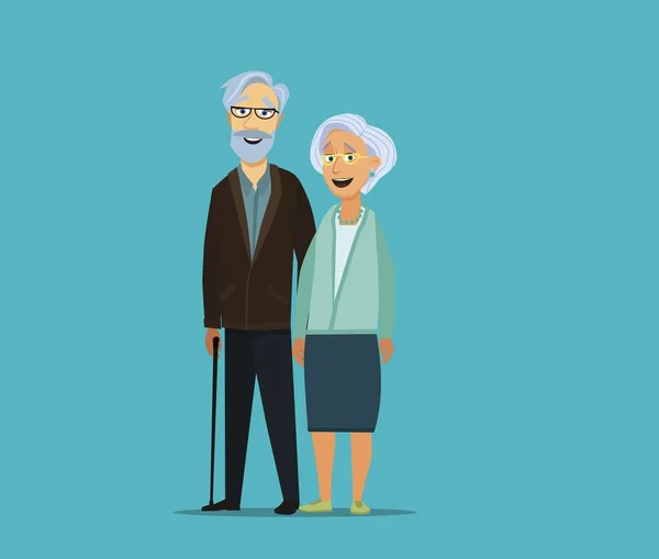 Anciano hombre y mujer mayores en gafas de pie o caminando juntos brazo en brazo. Pareja de pelo gris envejecido . — Vector de stock