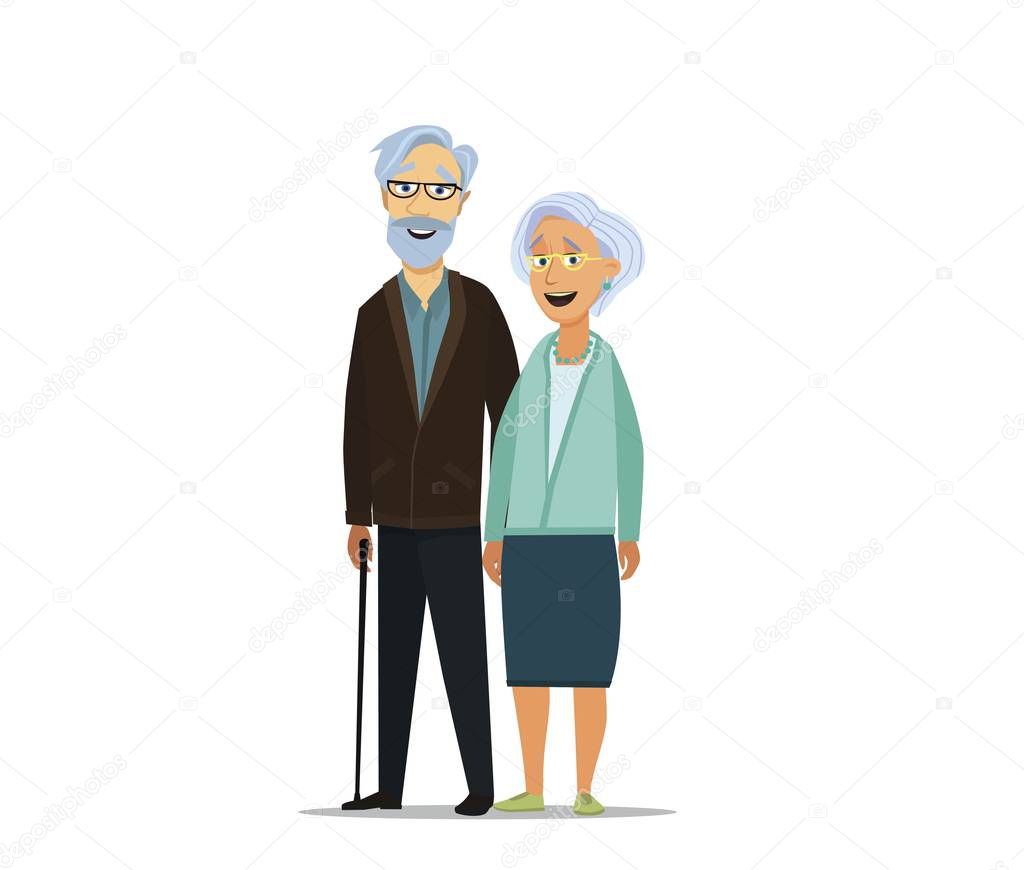 Old senior man and woman in glasses standing or walking together arm in arm. Aged grey haired couple.