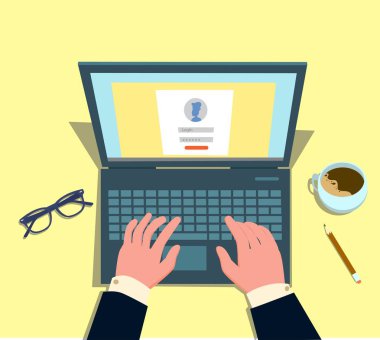 Üye giriş formu hesap yönetimi sayfasında laptop perde, UI öğesi, web sitesi, mobil uygulaması, güvenli giriş içine. Düz stil vektör illustratiom