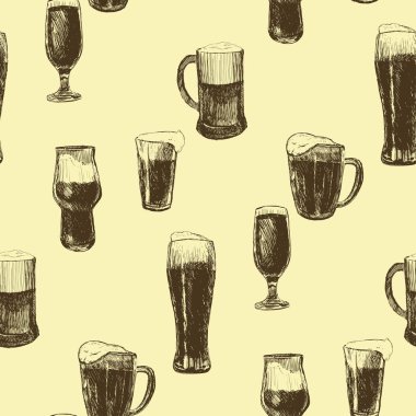 Beer seamless pattern. Repeating hand-drawing colorful glasses of beer, oktoberfest beer. Vector.