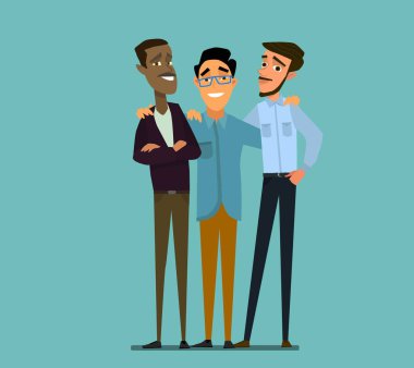 Uluslararası dostluk. Afrikalı-Amerikalı, beyaz adam ve Asya birlikte sarılma. Vektör çizim karikatür tarzı