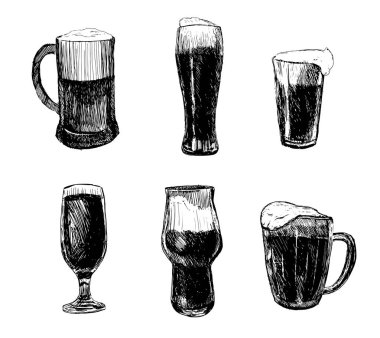 Beer set in graphic style from hand drawing image. Vector illustration of glasses and mug, hops, malt, barrels and bottle.