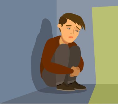 Frustrated sad child in stress sitting and crying in an empty dark room. Vector illustration in cartoon style.