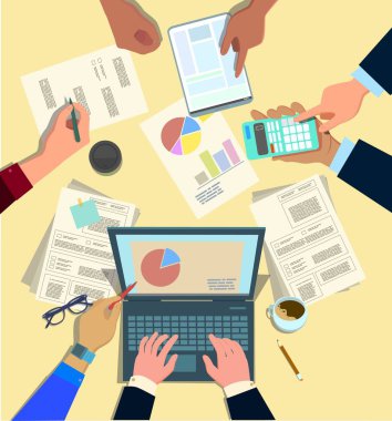 Concept design of business teamwork, meeting and planning people sitting at the office table, top view. Marketing, hr, accounting department collaboration. Vector illustration in cartoon style