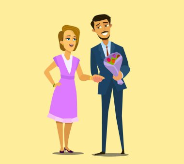 Couple in love .A man gives a bouquet of flowers to his girlfriend.Vector illustration in cartoon style.