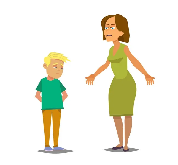 Angry Mother Scolds Guilty Son Vector Illustration Cartoon Style — Stock vektor