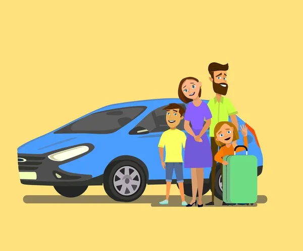 Familia Feliz Cerca Del Coche Con Equipaje Viajes Familiares Vehículo — Vector de stock