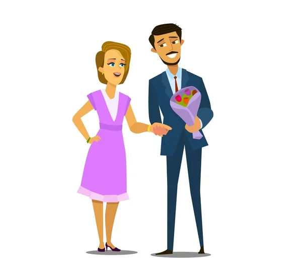 Couple Love Man Gives Bouquet Flowers His Girlfriend Vector Illustration — Stok Vektör