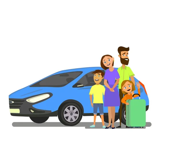 Familia Feliz Cerca Del Coche Con Equipaje Viajes Familiares Vehículo — Vector de stock