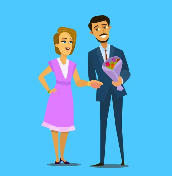 Couple Love Man Gives Bouquet Flowers His Girlfriend Vector Illustration — Stock Vector