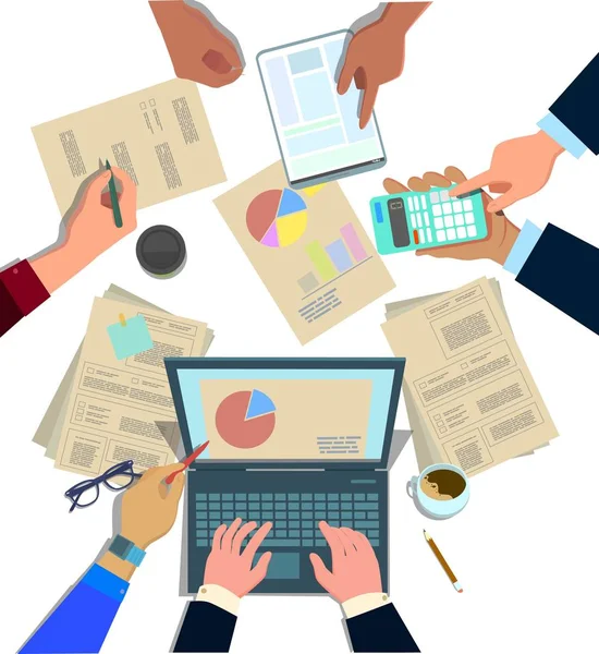 Concept design of business teamwork, meeting and planning people sitting at the office table, top view. Marketing, hr, accounting department collaboration. Vector illustration in cartoon style