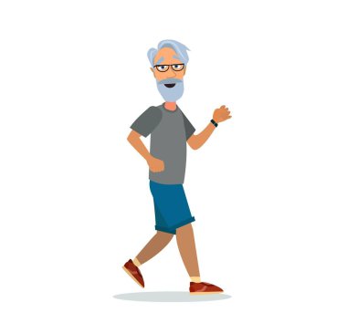 Scamper üst düzey insanlar. Yaşlı kadın koşu için kol bandı ile çalıştırın. Yetişkin insan faaliyetleri spor. Vektör çizim