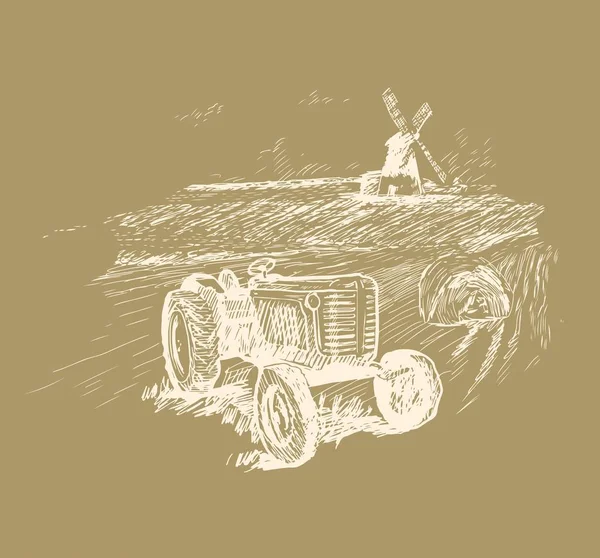 Antiguo tractor con una escena rural en estilo gráfico ilustración vectorial dibujada a mano . — Vector de stock