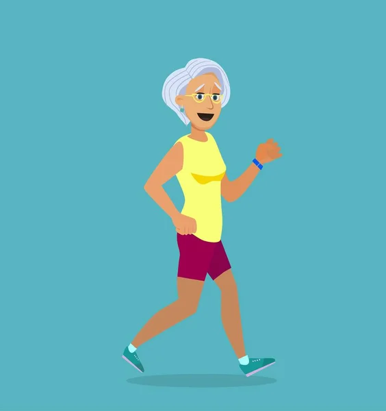疾走上高齢者は。高齢者の女性がジョギング用アームバンドを使用して実行します。大人の人々 のスポーツ活動。ベクトル図 — ストックベクタ