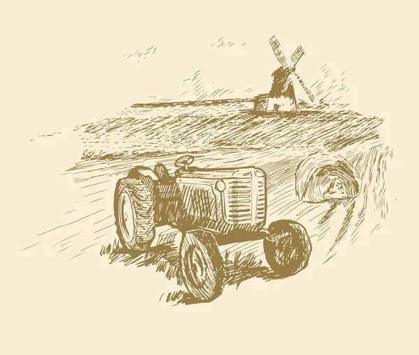 Landbouw tractor met wielen. vector schets op de achtergrond van landbouwgrond — Stockvector