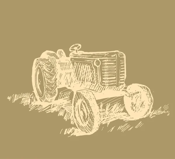 Tractor agrícola de ruedas. boceto vectorial en el fondo de las tierras de cultivo — Vector de stock