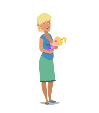 Mutlu anne bebeğini emziriyor. Çizgi film tarzında vektör illüstrasyonu.