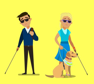 Kör çocuklar rehber köpek tarafından yönlendiriliyor. Çizgi film tarzında vektör illüstrasyonu.