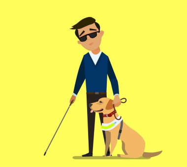 Kör çocuğa rehber olan rehber köpek. Çizgi film tarzında vektör illüstrasyonu.