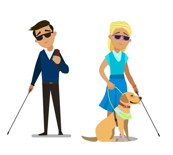 Blind Children Being Guided Seeing Eye Dog Vector Illustration Cartoon — 스톡 벡터