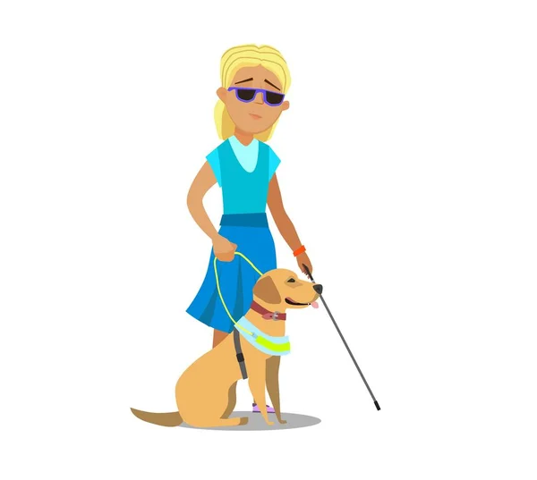 Blind Girl Being Guided Seeing Eye Dog Vector Illustration Cartoon — 스톡 벡터