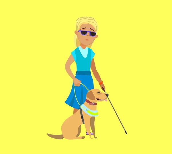 Blind Girl Being Guided Seeing Eye Dog Vector Illustration Cartoon — 스톡 벡터
