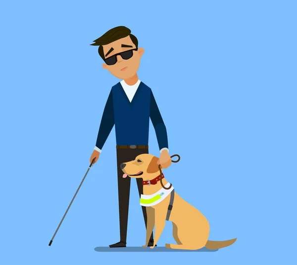 Blind Boy Being Guided Seeing Eye Dog Vector Illustration Cartoon — 스톡 벡터