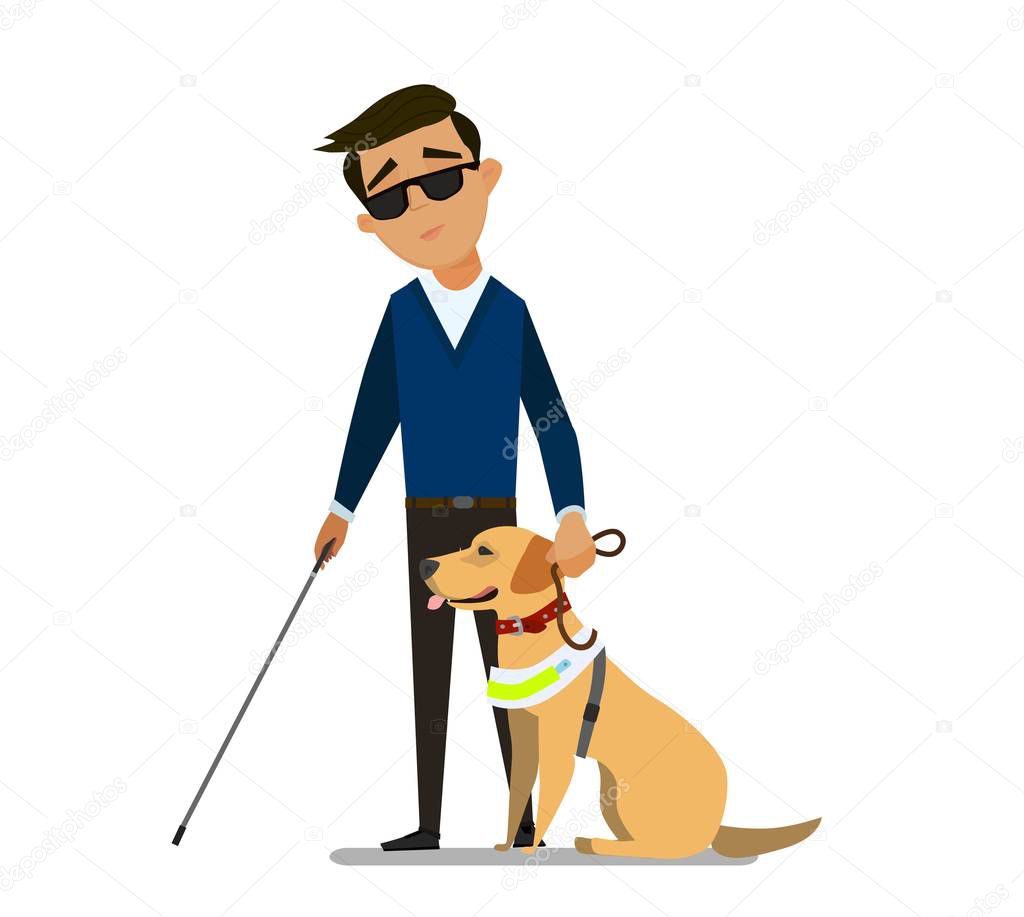Blind Boy Being Guided by a Seeing Eye Dog. Vector illustration in cartoon style.