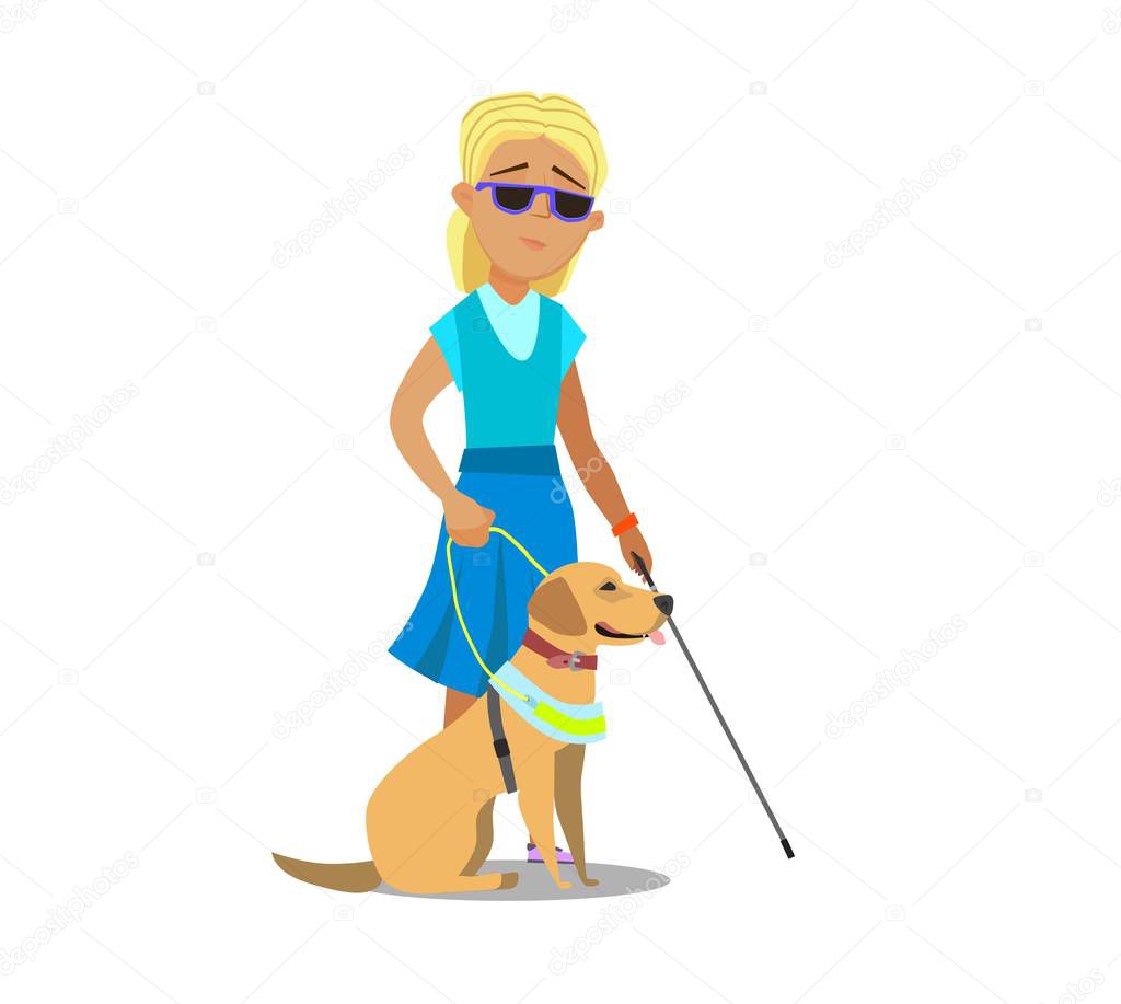 Blind girl Being Guided by a Seeing Eye Dog. Vector illustration in cartoon style.