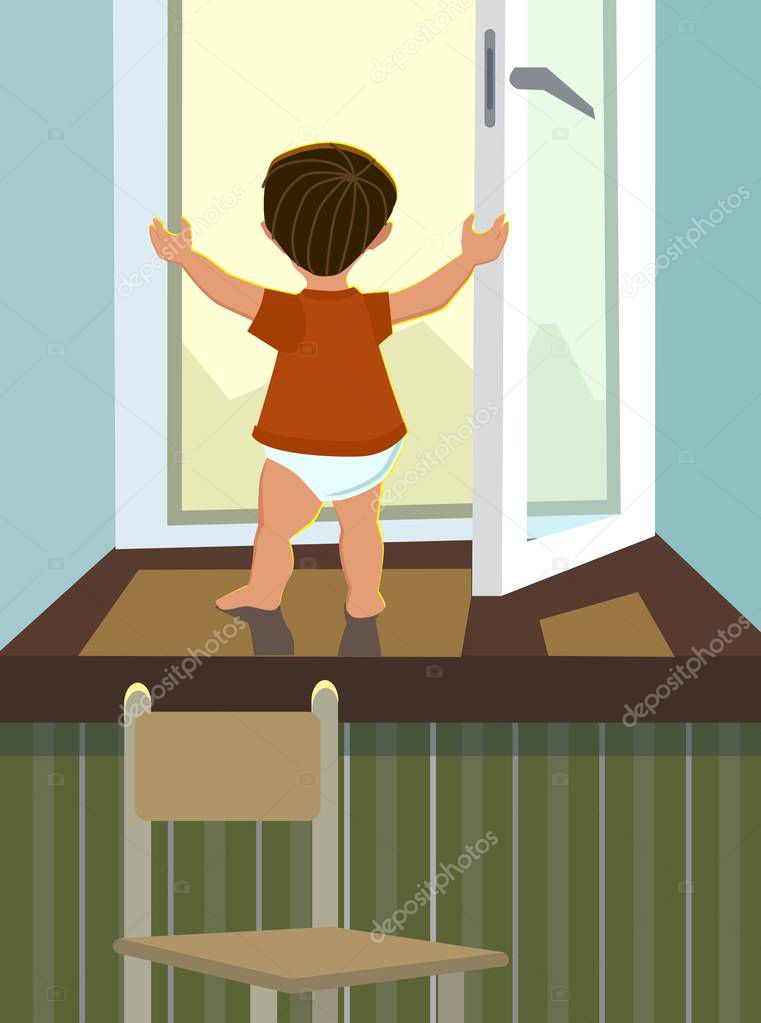 The boy stands in an open window. The concept of a child in danger.Vector illustration in cartoon style.