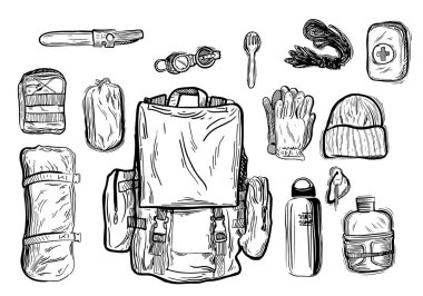 Grafik stili el çizimi vektör illüstrasyonunda gezinme ekipmanı.