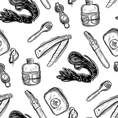 Yürüyüş ve doğa yürüyüşü seamless modeli seyahat. Sonsuz yinelenebilir arka plan-öğeleri kamp, tatil ve yaban hayatı hakkında seyahat karikatür ile. Woods, orman ve açık macera arka plan