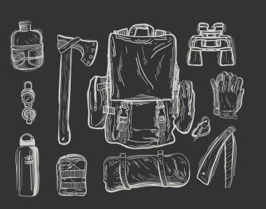 Grafik stili el çizimi vektör illüstrasyonunda gezinme ekipmanı.