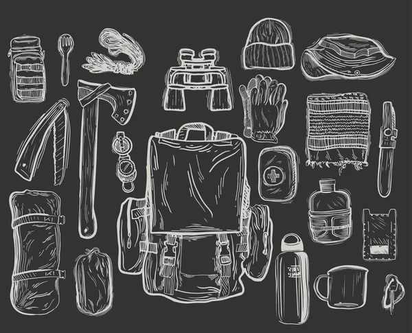 Equipamento Para Trekking Estilo Gráfico Ilustração Vetorial Desenhada Mão — Vetor de Stock