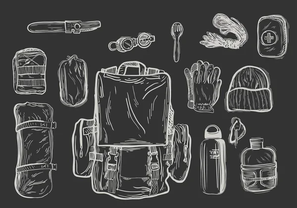 Equipamento Para Trekking Estilo Gráfico Ilustração Vetorial Desenhada Mão — Vetor de Stock