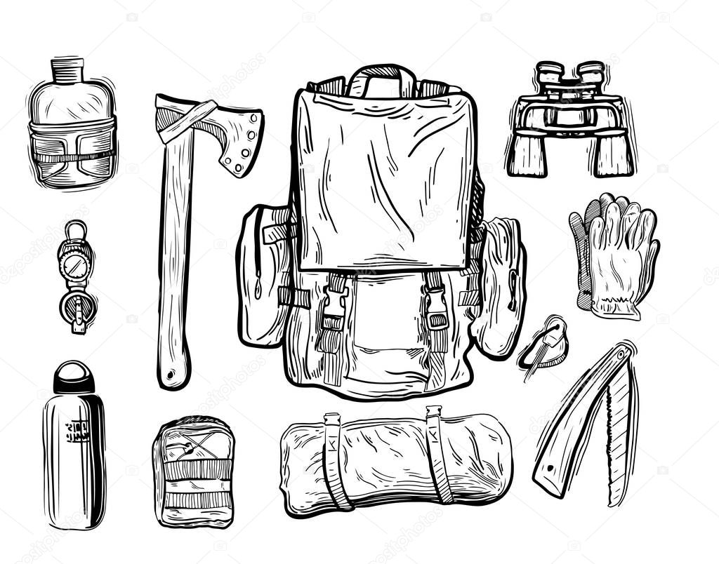 Equipment for trekking in graphic style hand-drawn vector illustration.