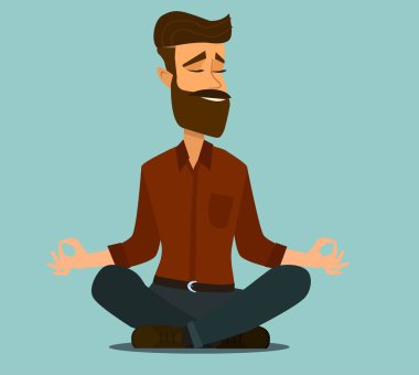 Meditasyon. Ofiste Karikatür tarzı adam meditasyon.