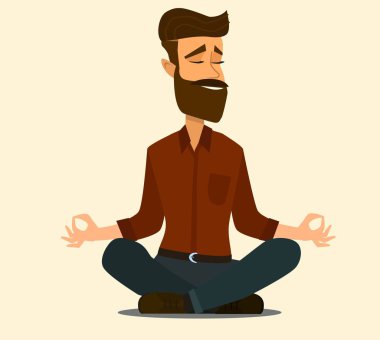 Genç adam ve kadın çift Lotus pozunda meditasyon yapıyorlar. Düz biçimli illüstrasyon.