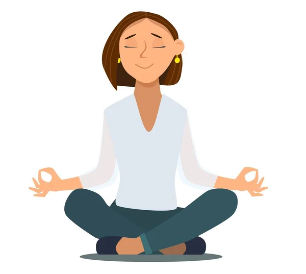 Rahatlatıcı ve stres kabartma, işyeri karikatür vektör kavramı. Bugüne kadar Untied kravat, Lotus pozisyonu gürültülü ofiste meditasyon, Yoga pratik kapalı gözlerle oturan ile iş adamı. Zen çalışmalarında