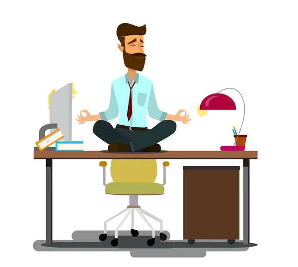 Relaxamento e alívio do estresse no conceito de vetor de desenhos animados do local de trabalho. Empresário com gravata desatada, sentado em posição de lótus com olhos fechados, meditando no escritório barulhento, praticando ioga. Zen no trabalho — Vetor de Stock