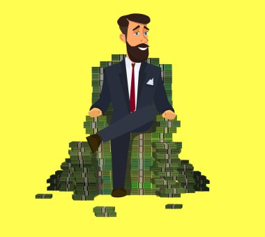Happy rich man sitting confidently on a big pile of stacked money.