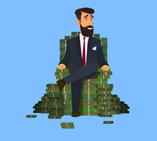 Happy rich man sitting confidently on a big pile of stacked money. — Stock vektor