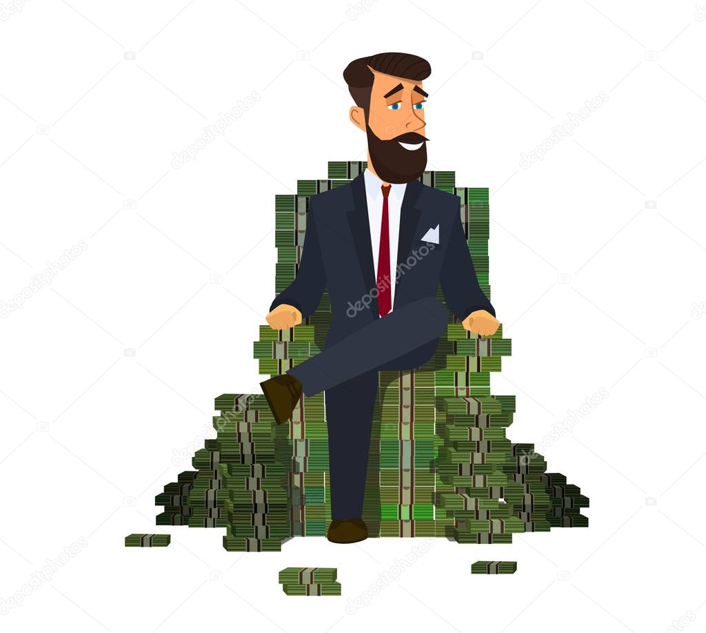 Happy rich man sitting confidently on a big pile of stacked money.